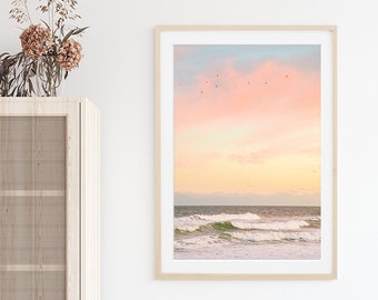 Sunset Beach Print, Pastel Beach Photography, Calming Ocean Print, Large Beach Art, Tropical Prints, Coastal Beach House Decor, Surf Print