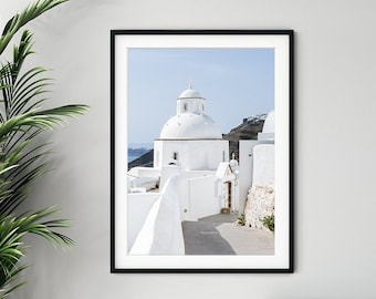 Santorini Greece Art, Greek Church, Travel Photograph, Neutral Blue Wall art, Mediterranean Art, Architecture Print,  Coastal Art