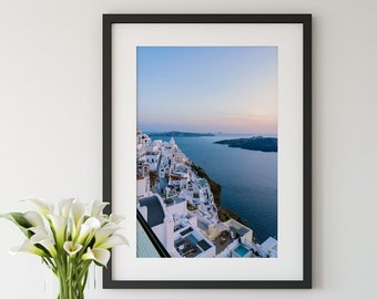 Sunset Caldera Greece Print, Fira Santorini Landscape, Blue Wall Art, Coastal Travel Photography, Aegean Sea Photograph, Blue Hour Greek art