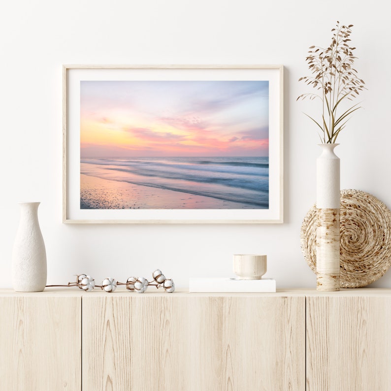 Sunset Beach Print, Calming Beach Photography, Pastel Ocean Print, Coastal Living Room Decor, Large Wall Art, Surf Print, Tropical Print image 3