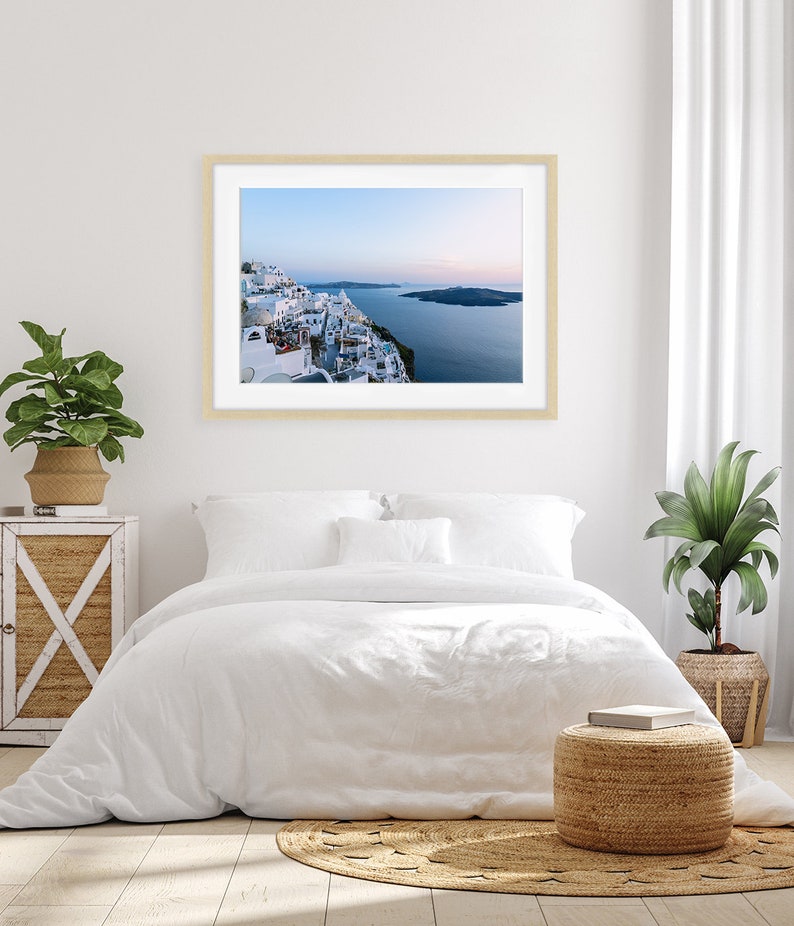 Sunset Caldera Greece Print, Fira Santorini Landsape, Blue Wall Art, Coastal Travel Photography, Mediterranean Art, Sunset Greek art image 3