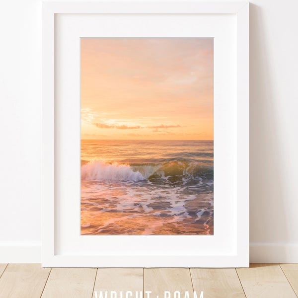 Sunset Beach Print, Calming Wall art, Ocean Sunset, Beach Photography, Pastel Ocean, Waves Photograph, Tropical Prints, Large Scale Prints