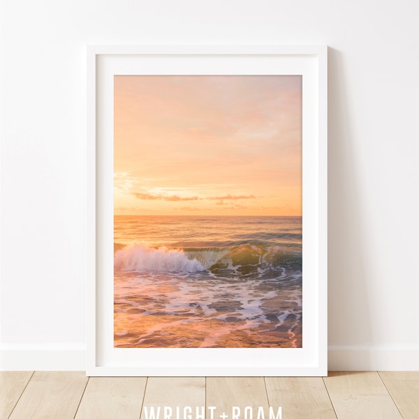 Sunset Beach Print, Calming Wall art, Ocean Sunset, Beach Photography, Pastel Ocean, Waves Photograph, Tropical Prints, Large Scale Prints