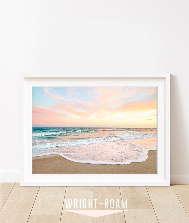 Sunset Beach Print, Pastel Beach Photography, Calming Ocean Print, Large Poster Wrightsville Beach Art, Tropical Surf Print, Coastal Decor image 1