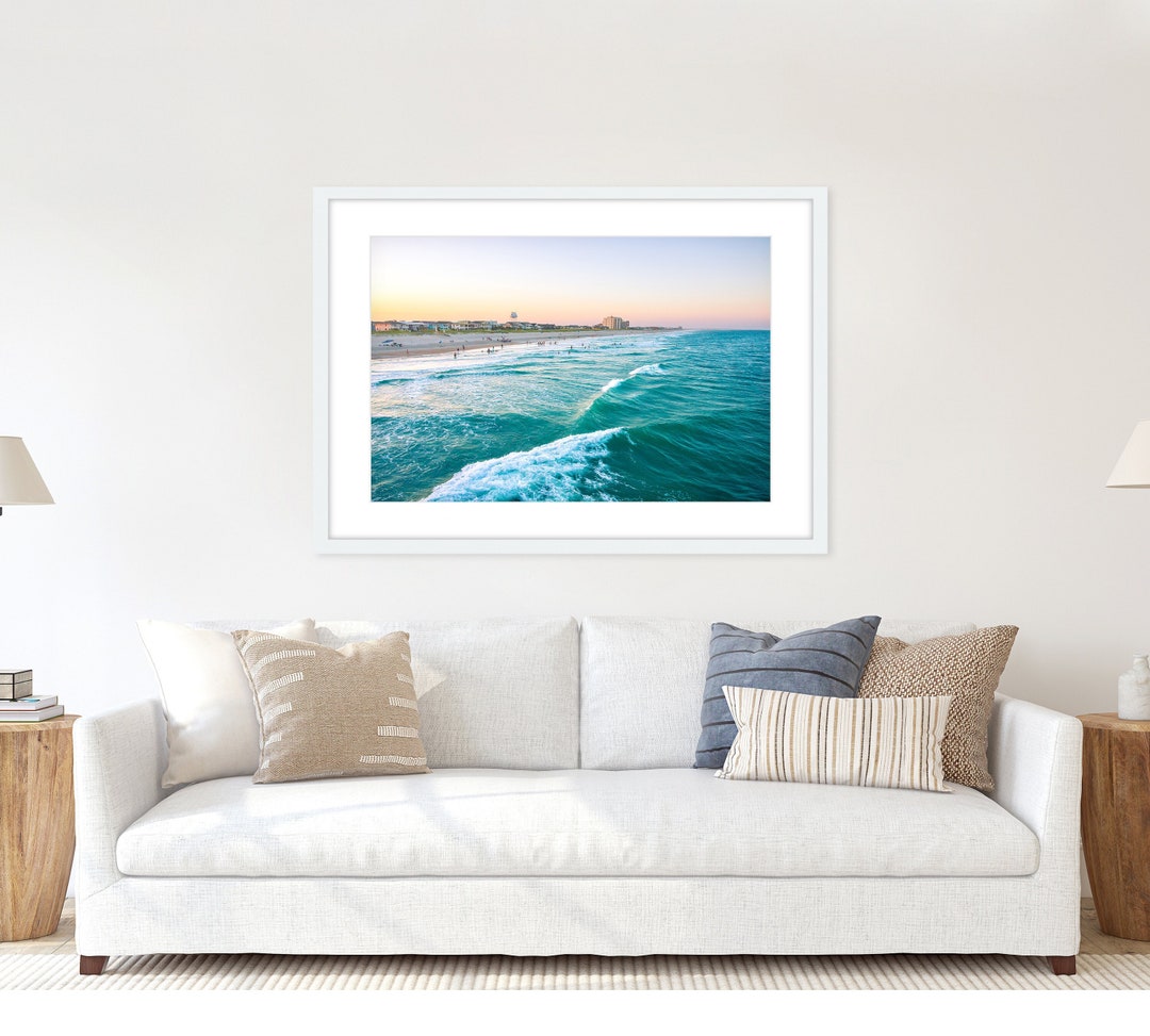 Framed Beach Print, Sunset Beach Photography, Teal Blue Wall Art