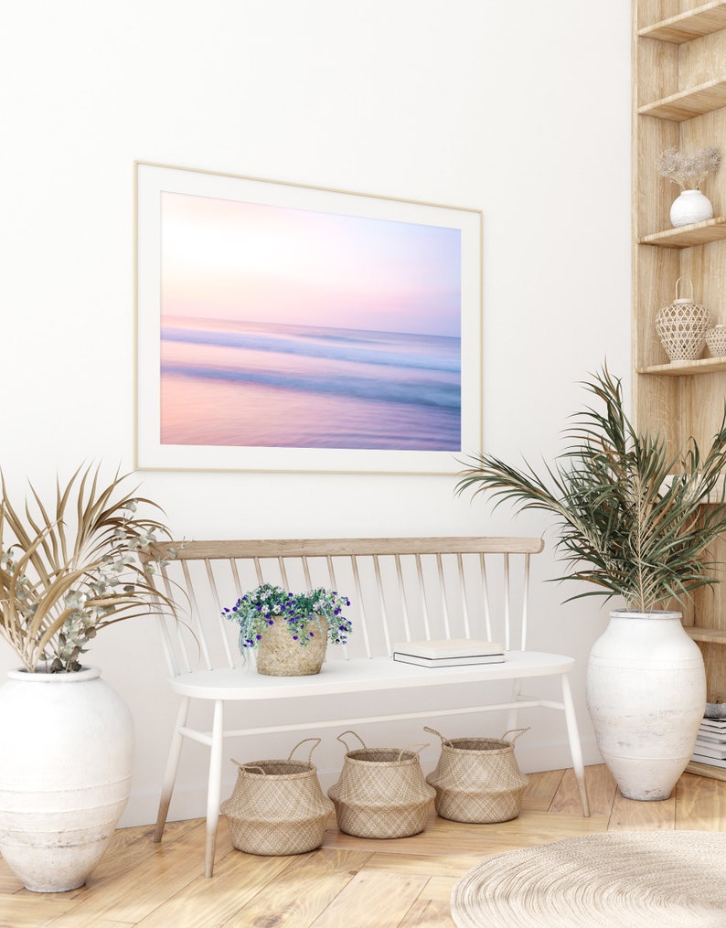 Sunset Beach Print, Pastel Beach Photography, Pastel Pink Wall Art, Calming Ocean Print, Boho Coastal Decor, Large Wall Art, Tropical Print image 4