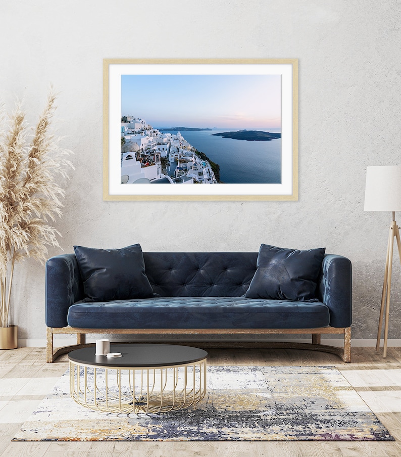 Sunset Caldera Greece Print, Fira Santorini Landsape, Blue Wall Art, Coastal Travel Photography, Mediterranean Art, Sunset Greek art image 2