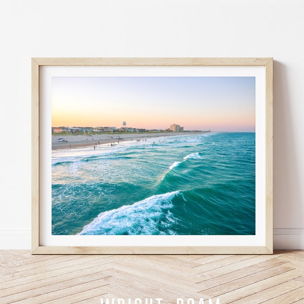 Teal Blue Beach Print, Sunset Blue Beach Photography, Teal Ocean Print, Large Poster Size Wrightsville Beach Art, Tropical Surf Print