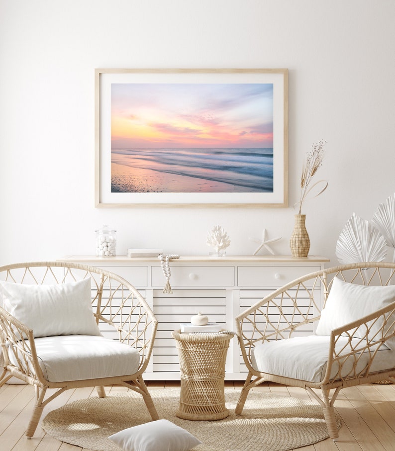 Sunset Beach Print, Calming Beach Photography, Pastel Ocean Print, Coastal Living Room Decor, Large Wall Art, Surf Print, Tropical Print image 1