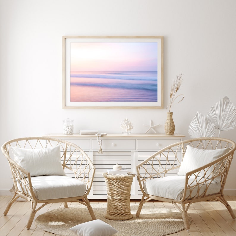 Sunset Beach Print, Pastel Beach Photography, Pastel Pink Wall Art, Calming Ocean Print, Boho Coastal Decor, Large Wall Art, Tropical Print image 3