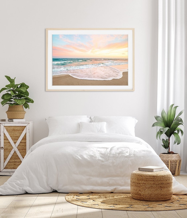 Sunset Beach Print, Pastel Beach Photography, Calming Ocean Print, Large Poster Wrightsville Beach Art, Tropical Surf Print, Coastal Decor image 3