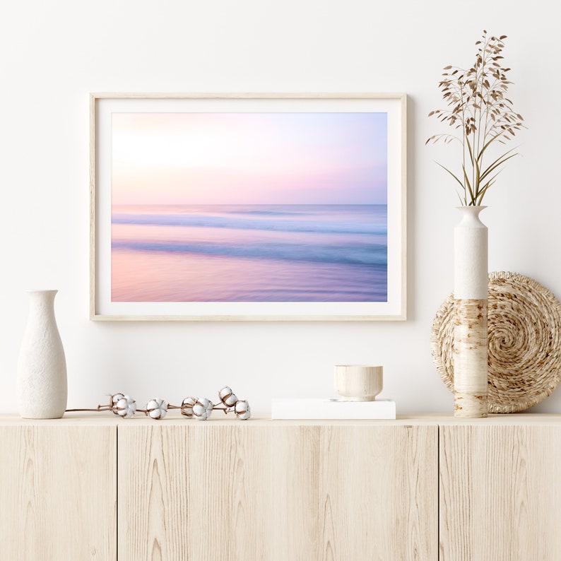 Sunset Beach Print, Pastel Beach Photography, Pastel Pink Wall Art, Calming Ocean Print, Boho Coastal Decor, Large Wall Art, Tropical Print image 1