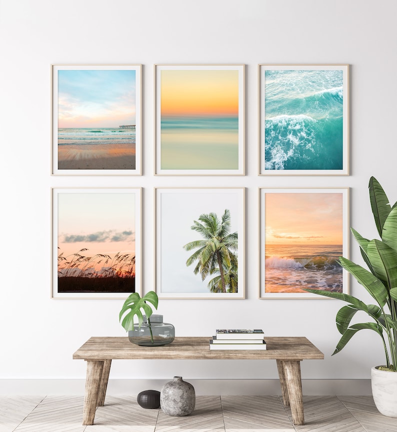 Set of 6 Beach Prints, Colorful Beach Photography, Sunset Tropical Print, Dorm Art, Set of beach prints, surf print, Coastal wall art image 1