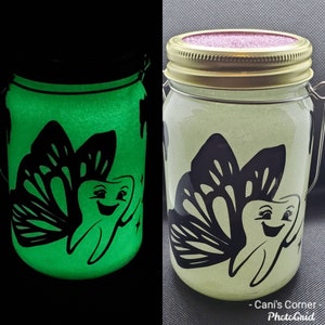 Glow in the Dark Tooth Fairy Light, Glittered mason jar light
