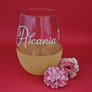 Personalized Glitter Dipped Stemless Wine Glasses