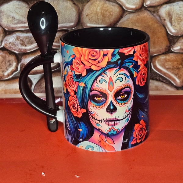 Dia de los Muertos Mug with Spoon-11oz-Gift for Women, Coffee Mug, Sugar Skull