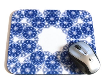 Unique Customized Mouse Pad -  Intricate Fractal Based Design - Snowflake in Shades of Blue