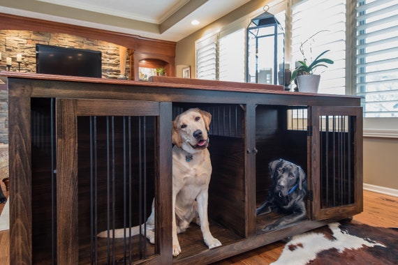 custom hardwood double dog kennel furniture | etsy
