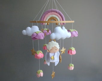 Angel mobile - Floral Mobile - Rainbow Baby Mobile - Cot mobile - Angel wings  - Cloud Mobile - Purple Pink Mobile - Baby Mobile Girl