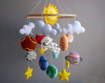 Handmade Planet Mobile: Solar System Nursery Decor with Felt Astronaut