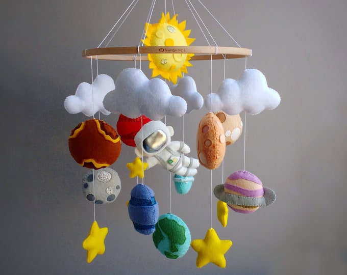Handmade Planet Mobile: Solar System Nursery Decor with Felt Astronaut