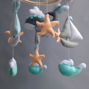 Puede incluir: Un m&oacute;vil para beb&eacute; con tem&aacute;tica n&aacute;utica. Presenta una ballena, un velero, una estrella de mar y nubes, todo hecho de fieltro en tonos azules, verdes y blancos.