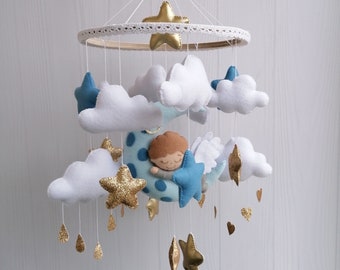 Angel Mobile - Baby Mobile For Boy - Stars Nursery Mobile Sleeping Angel - Cot Mobile - Clouds Mobile