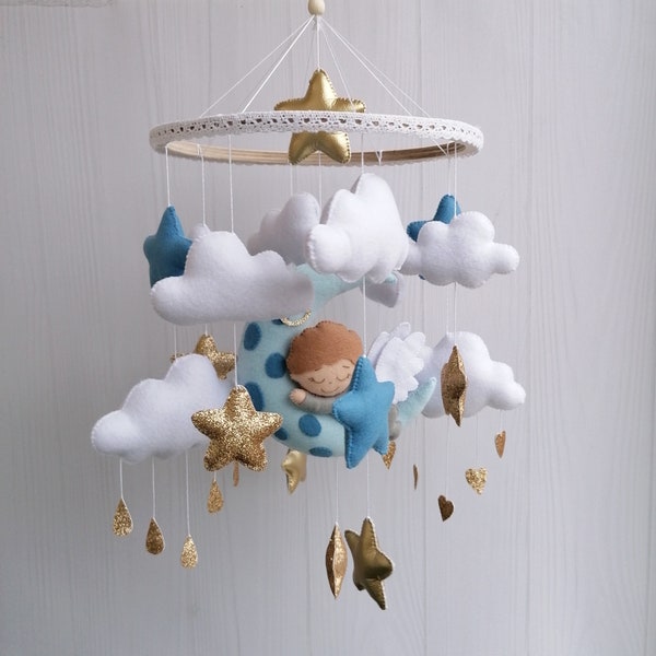 Angel Mobile - Baby Mobile For Boy - Stars Nursery Mobile Sleeping Angel - Cot Mobile - Clouds Mobile