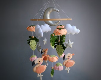 Coral Flamingo Mobile - Tropical Nursery Baby Mobile Girl - Hangende Mobile - Peach Coral Mobile - Flamingo Baby Shower - Verwacht moedercadeau