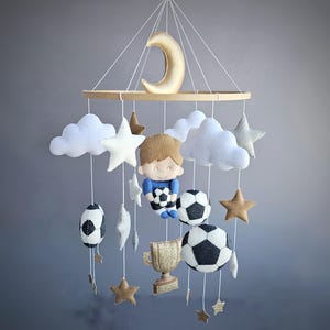 Personalized Soccer Baby Mobile: Felt Football Nursery Decor with Trophy