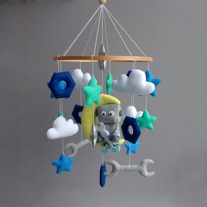 Robot Baby Mobile: Felt Moon, Stars, and Clouds Nursery Decor