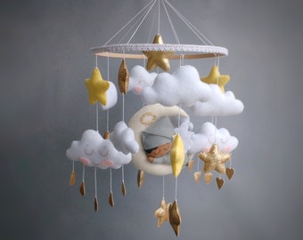 Angel Mobile - Baby Mobile Girl - Stars Nursery Mobile - Sleeping Angel - Cot Mobile - Clouds Mobile