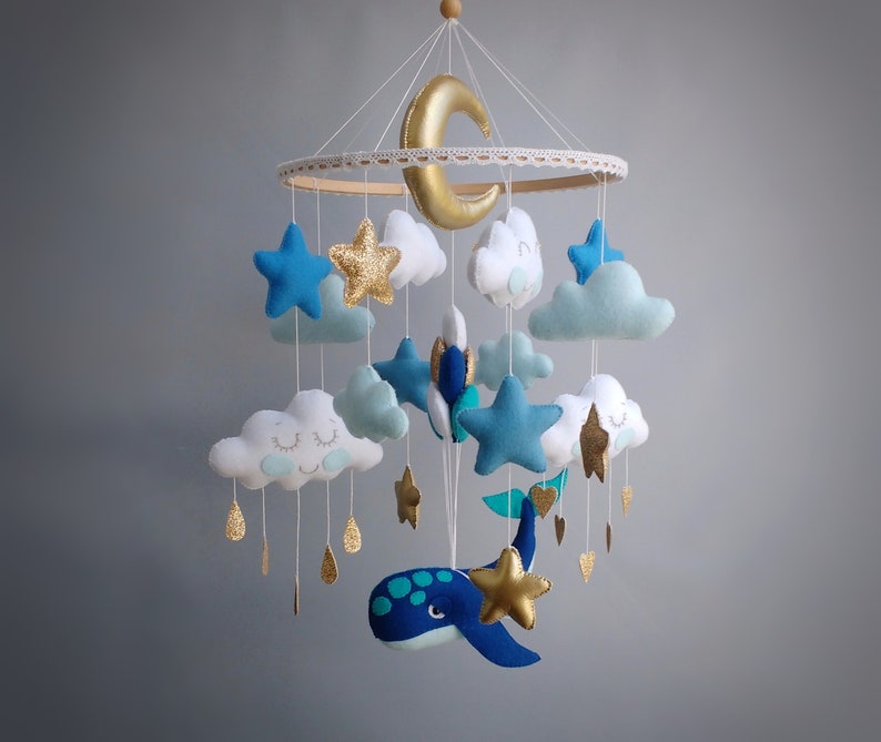 Whale Mobile Baby Mobile Boy Clouds Baby Mobile Ocean Nursery Baby Mobile Blue Expecting Mom Gift image 1