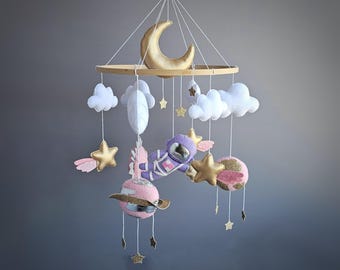 Space Baby Mobile – Astronaut, Planets and Stars – Felt Nursery Decor in Pink and Gold