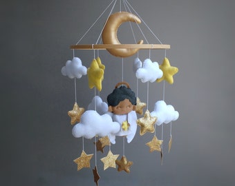 Angel Nursery Mobile - Star Baby Mobile - Neutral Mobile - Hanging Mobile - Mom To Be Gift - Gold Mobile