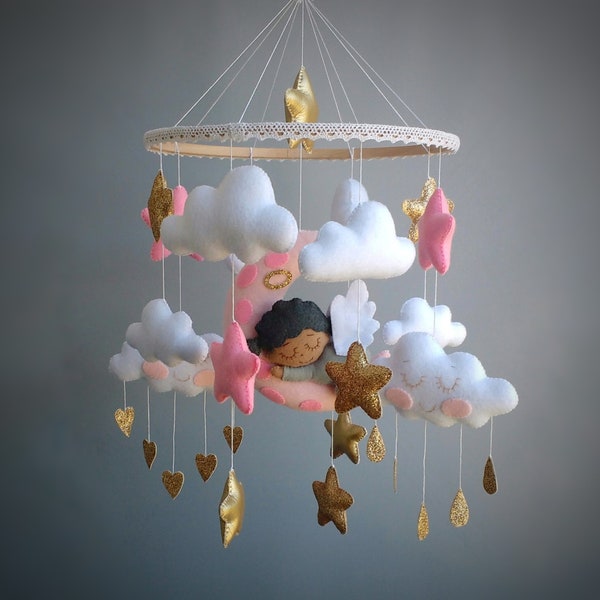 Angel Mobile - Baby Mobile For Girl - Stars Nursery Mobile - Sleeping Angel - Cot Mobile - Clouds Mobile