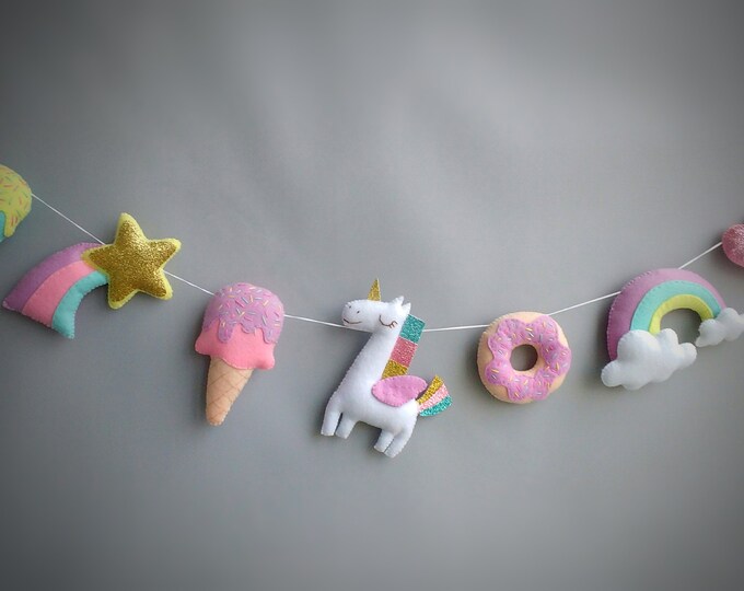 Handmade Felt Unicorn Garland: Rainbow Nursery Decor