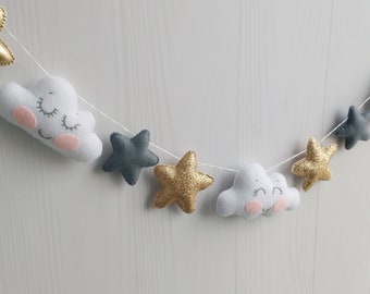 Cloud Garland - White Nursery Decor - Stars Garland - White And Gold Nursery Decor - Felt Cloud Bunting