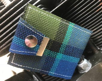 Hand made wallet, Blue Westy Plaid, vegan wallet men