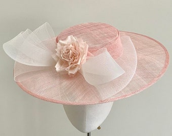 Pale pink hat, ladies boater hat,  Blush pink straw hat, Rose pink Ascot fascinator, pretty hat with bow, elegant ivory pink wedding hat