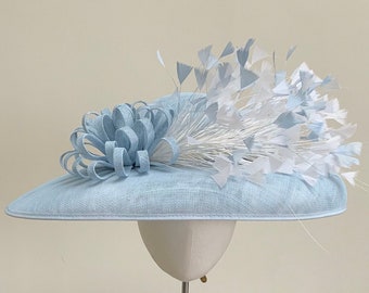 Statement Ascot hat, baby blue wedding hat, powder blue and white feather hat, pale blue and white races hat, elegant wide brim feather hat