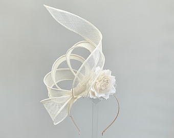 Ivory bow fascinator, cream bridal headpiece, statement off white fascinator, Ladies day white fascinator, ivory floral bridal headress