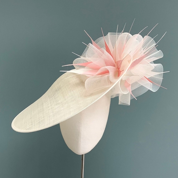 Ivory statement Ascot hat, pink feather headpiece, cream hat with bow, Mother of the bride fascinator, Kentucky Derby hat in ivory and  pink