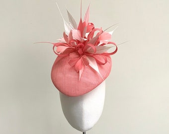 Coral feather fascinator, Pink cocktail hat for Ascot, coral pink small hat, statement pink feather wedding hat, pale pink occasion hat
