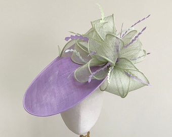 Lilac and green Ascot hat, statement feather fascinator in mint green and lilac, lavender bow occasion hat, lilac green Kentucky Derby hat