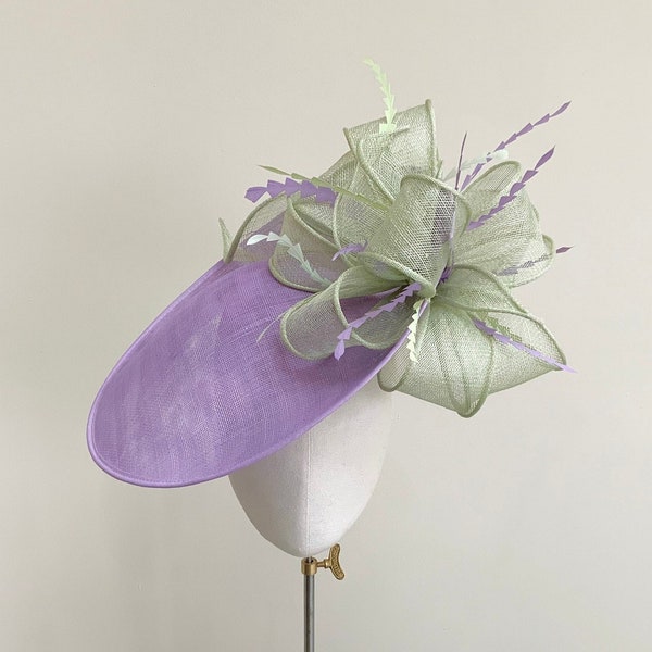 Lilac and green Ascot hat, statement feather fascinator in mint green and lilac, lavender bow occasion hat, lilac green Kentucky Derby hat