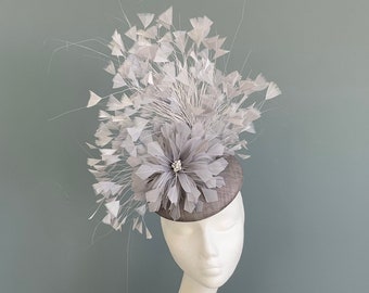 Elegant Gray Women\'s Hat with Feather and Card Accents Grey and Cream Wedding Hat With Feathers - Grey Ladies  main image 3
