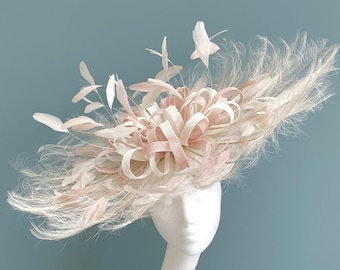 Statement feather fascinator, blush ivory ostrich headpiece, pale pink and cream feather hat, large statement race day fascinator, ivory hat