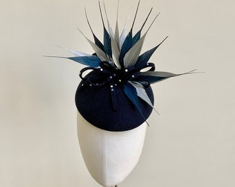 Navy winter wedding hat, small felt race day hat, silver and blue feather fascinator, winter occasion hat in navy, small silver bridal hat