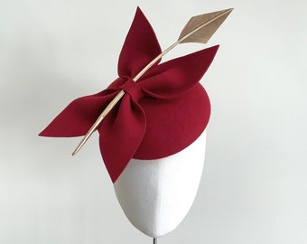 Crimson red felt cocktail hat, statement Ascot hat, gold and red fascinator, red and gold winter wedding hat, elegant red ladies day hat,